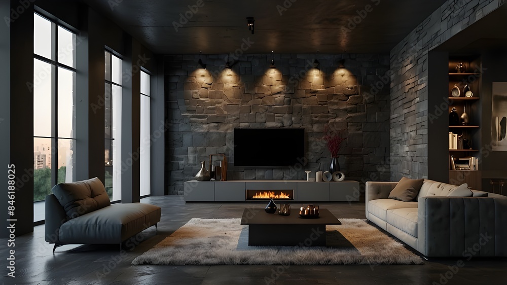 A contemporary living room's décor. Dark stone walls encircling a penthouse loft (3d rendering) A contemporary living room's décor. Dark stone walls encircling a penthouse loft (3d rendering)