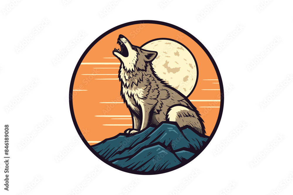 Obraz premium howling wolf and moon cartoon vector sublimation mascot logo design
