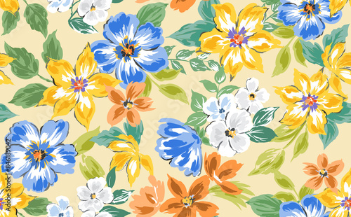 Hand-drawn colorful floral seamless pattern; colorful flower wallpaper