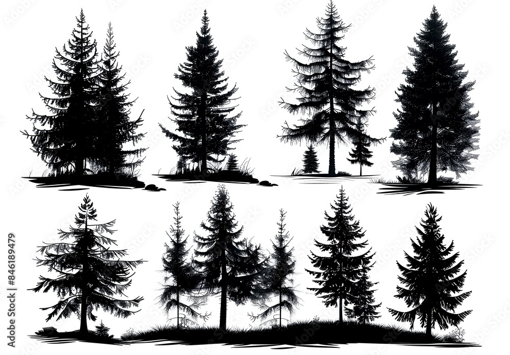 set of silhouettes of pine trees set of silhouettes of pine trees