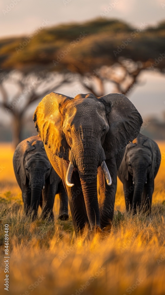 Fototapeta premium A family of elephants walking together in the savannah.