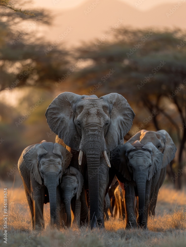 Naklejka premium A family of elephants walking together in the savannah. 