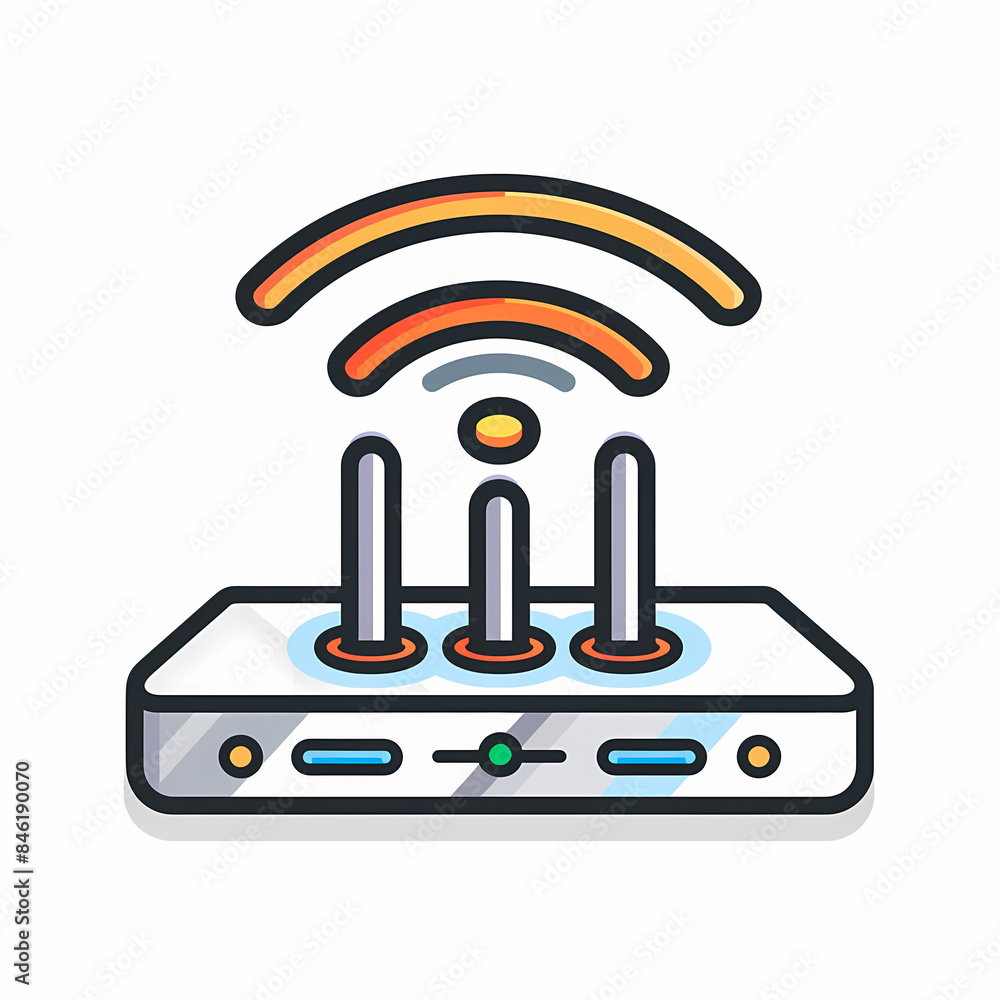 Colorful illustration of a modern wireless router with antennas and a Wi-Fi signal emitting. Colorful illustration of a modern wireless router with antennas and a Wi-Fi signal emitting.