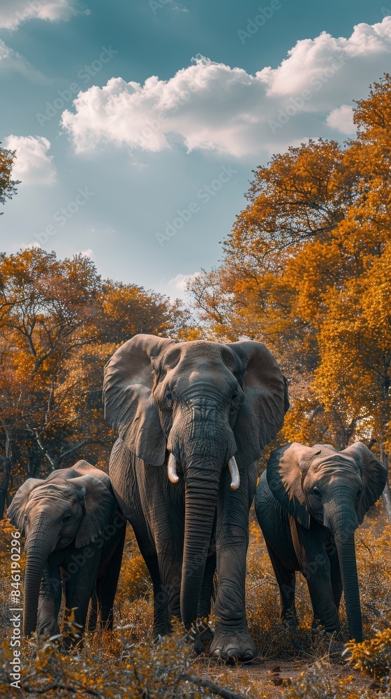 Fototapeta premium A family of elephants walking together in the savannah. 