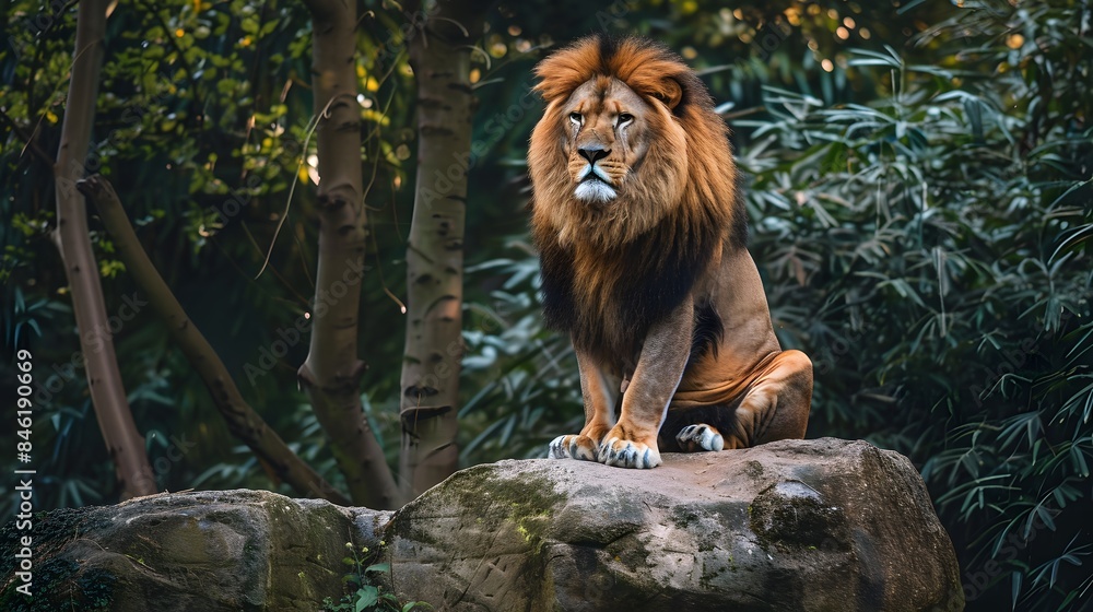 Naklejka premium Majestic Lion Sitting on Rock Surrounded by Green Trees