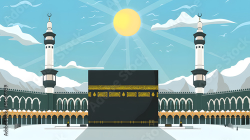 Illustration of a mosque with a clock tower, sun in the background. Suitable for Ramadan, Eid, peaceful concepts, Islamic themes.