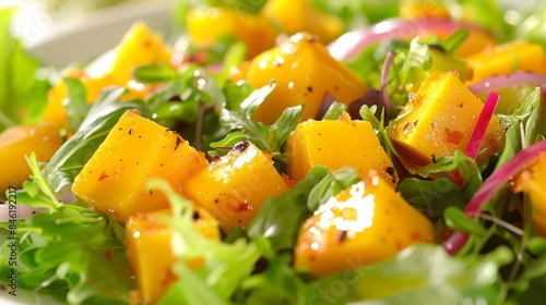 A refreshing salad featuring fresh greens papaya and mango dressed in a tangy citrus vinaigrette.