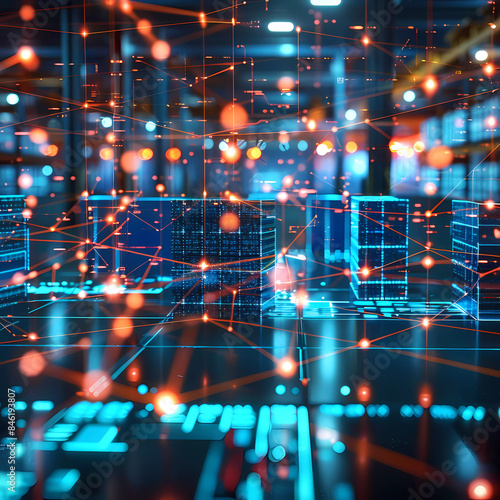 A holographic projection of a supply chain network diagram in a logistics center, business, dynamic and dramatic compositions, with copy space Generative AI	