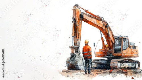 Orange watercolor painting of builder engineer working with excavator at project