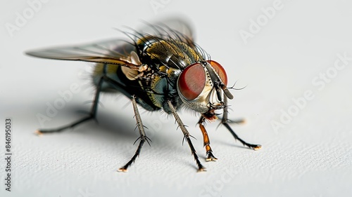 Close-up View of Housefly with Detailed Wings and Compound Eyes on White Background © Mark