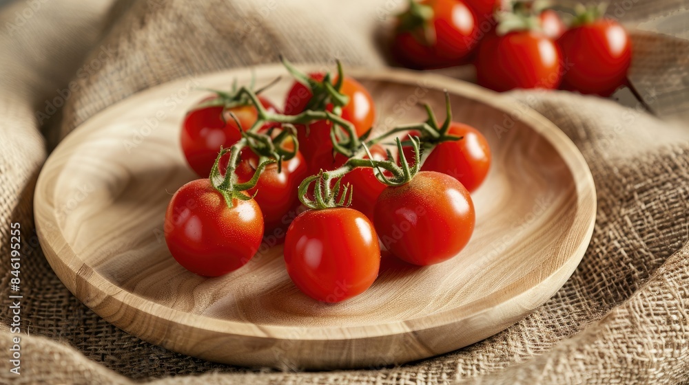 Macro top view of a wooden saucer holding multiple cocktail tomatoes on a jute cloth Macro top view of a wooden saucer holding multiple cocktail tomatoes on a jute cloth