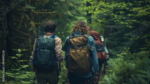 A group of four friends walking through a thick green forest with backpacks and hiking gear heads turned towards each other . .
