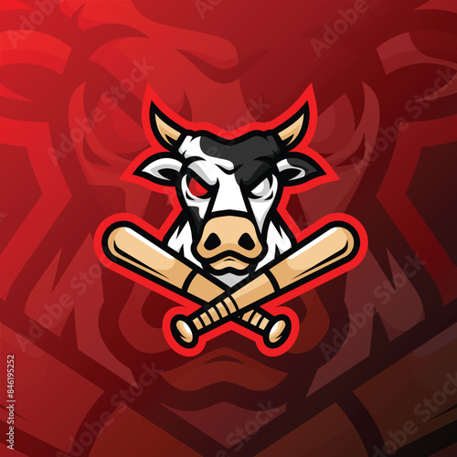 a red and white eyed cow head carrying a baseball bat