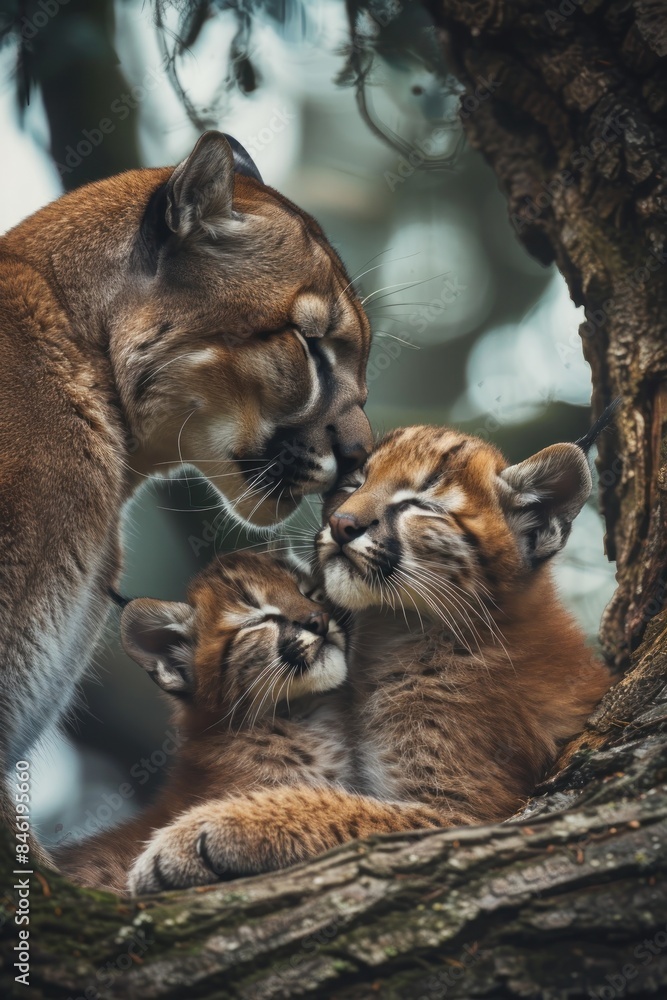 Fototapeta premium Mother puma kisses her cub under a tree in the shade of the savannah
