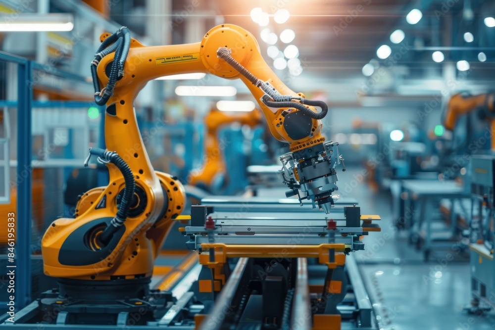Industrial robot works automatically in smart autonomous factory. Industrial robot works automatically in smart autonomous factory.