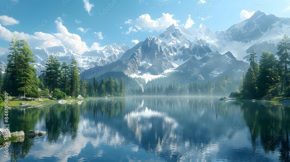 Fototapeta premium A tranquil mountain lake with crystal-clear reflections of the surrounding mountain peaks and trees