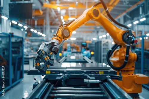 Industrial robot works automatically in smart autonomous factory. 