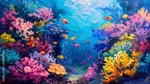Art painting, underwater coral reef lively underwater scenes with colorful corals, fish and sea creatures, Brightly colored landscapes