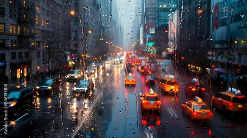 The atmosphere of a rainy day in the city, the view through glass with rain running through it, traffic on the road. Illumination of car lights