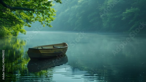 Watercolor pictures about water, a small boat on the river floats quietly, reflection of the water surface and small water waves