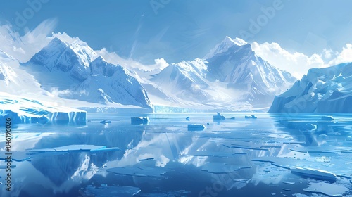 The reflection on the surface of the iceberg melting into water