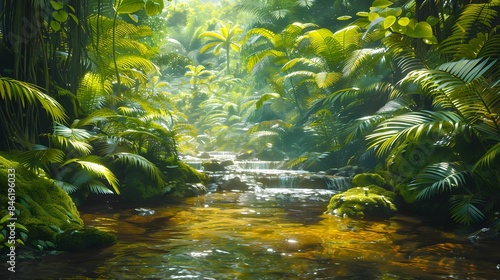 Rich forest streams, lush green leaves in the forest