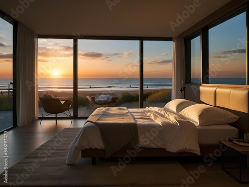 Cozy bedroom, sea view, the atmosphere during sunset gives a warm and romantic feeling, illustrations