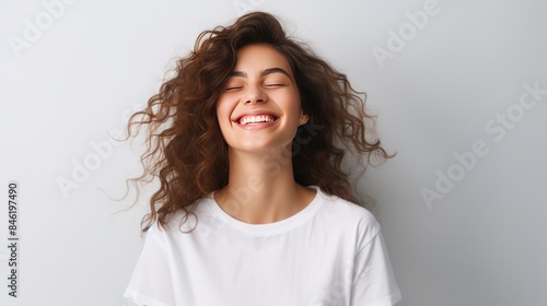 Portrait of happy and positive woman close eyes, smiling carefree, 