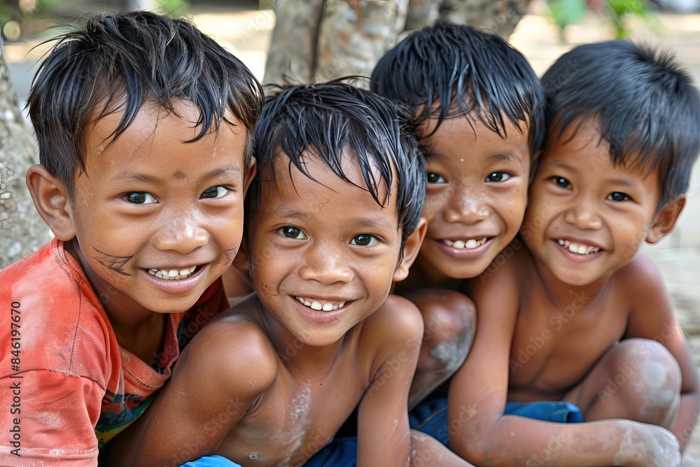 Group of happy asian children sitting on the ground and smiling. Group of happy asian children sitting on the ground and smiling.