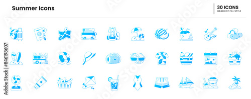 Summer Icon set. Summer, Icon, Beach, Sand, Sun, Waves, Umbrella, Palm trees, Sunglasses, Beach hat, Guitar, Ice cream, Water, Surfer, Surfboard. Vector gradient fill icon illustration