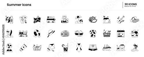 Summer Icon set. Summer, Icon, Beach, Sand, Sun, Waves, Umbrella, Palm trees, Sunglasses, Beach hat, Guitar, Ice cream, Water, Surfer, Surfboard. Vector black fill icon illustration