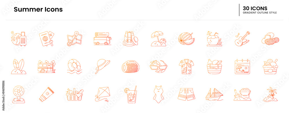 Summer Icon set. Summer, Icon, Beach, Sand, Sun, Waves, Umbrella, Palm trees, Sunglasses, Beach hat, Guitar, Ice cream, Water, Surfer, Surfboard. Vector gradient outline icon illustration Summer Icon set. Summer, Icon, Beach, Sand, Sun, Waves, Umbrella, Palm trees, Sunglasses, Beach hat, Guitar, Ice cream, Water, Surfer, Surfboard. Vector gradient outline icon illustration