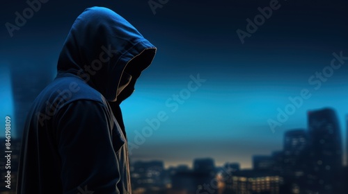 silhouette of a hacker in a hoodie looking towards data 