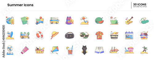 Summer Icon set. Summer, Icon, Beach, Sand, Sun, Waves, Umbrella, Palm trees, Sunglasses, Beach hat, Guitar, Ice cream, Water, Surfer, Surfboard. Vector outline fill icon illustration