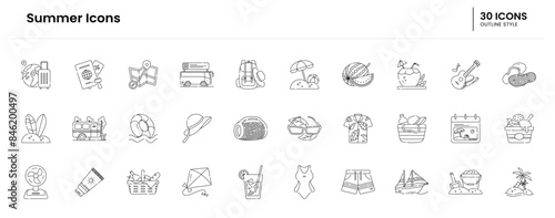 Summer Icon set. Summer, Icon, Beach, Sand, Sun, Waves, Umbrella, Palm trees, Sunglasses, Beach hat, Guitar, Ice cream, Water, Surfer, Surfboard. Vector outline icon illustration