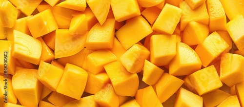 Close-up top view of a cubed mango background