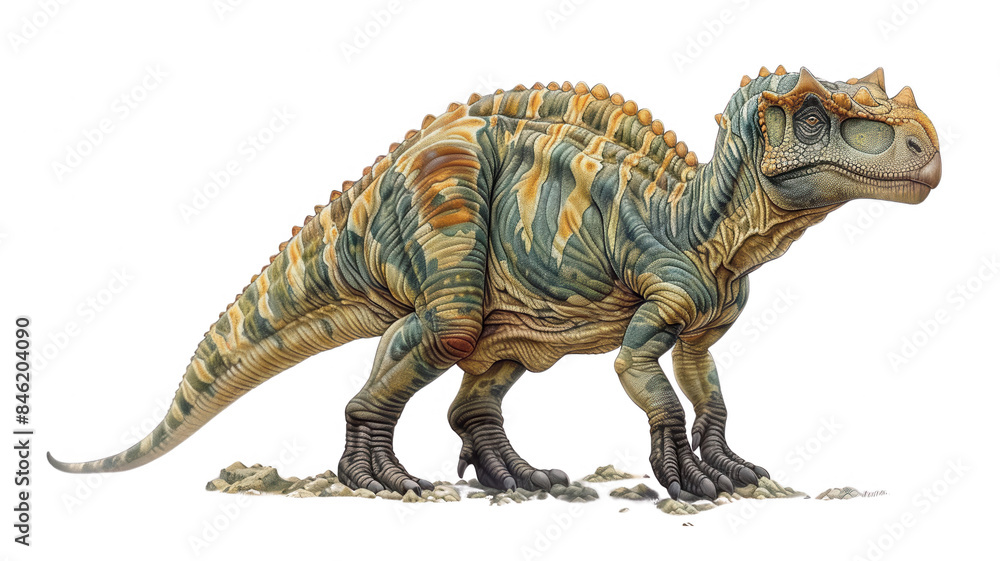 Obraz premium Dinosaur with Distinctive Frill in Rocky Landscape with Mountains, Brown and Tan with Stripes, Long Tail, Sharp Teeth, Powerful Pose, Ready to Attack