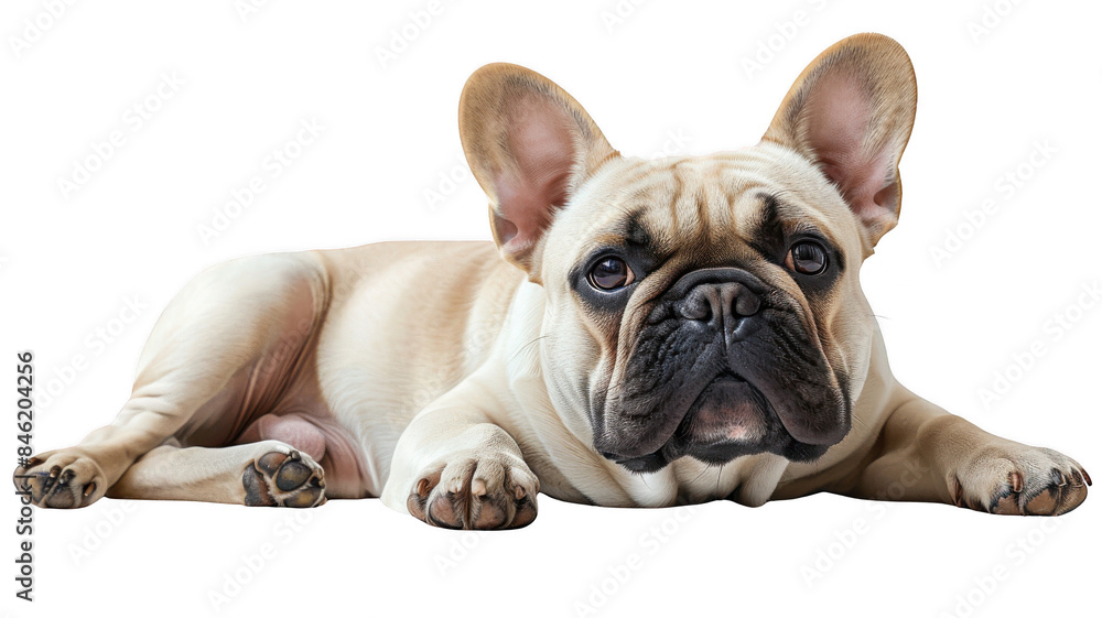 Obraz premium Photograph of a Light Brown French Bulldog with White Chest Patch, Lying Down on Dark Grey Background with Calm and Peaceful Expression