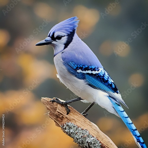  A blue jay bird perched on a branch, with its full body and blue and white feathers in the