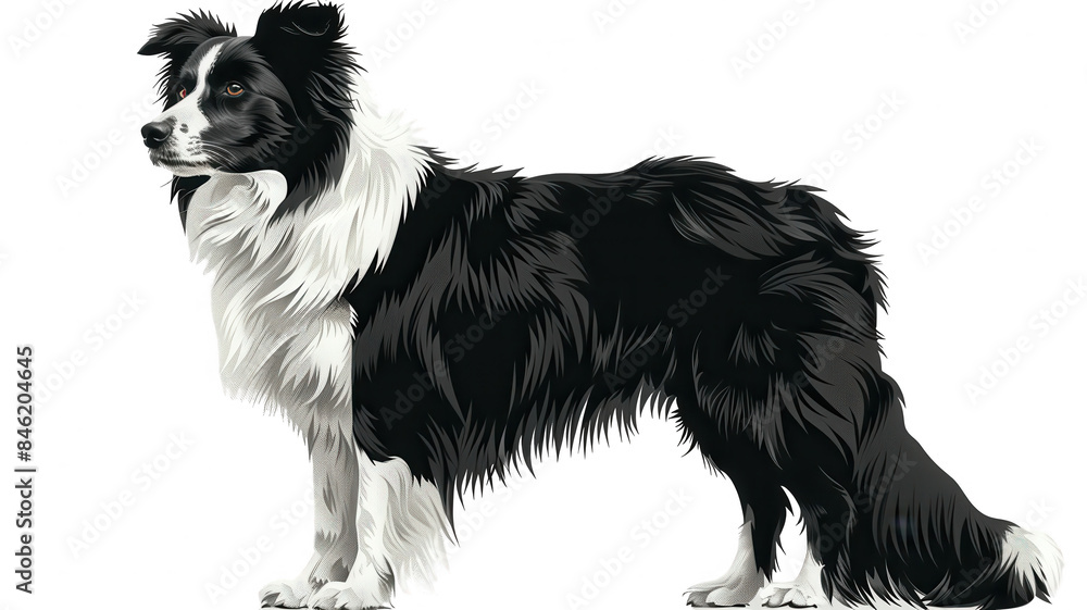 Fototapeta premium Detailed Realistic Image of a Border Collie with a Black and White Coat Standing with Tail Down and Ears Perked, looking Intelligent on a White Background