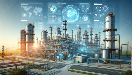 Modern Industrial Plant with Digital Interfaces and Holographic Data Overlays