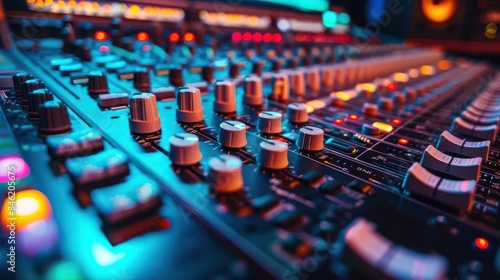 Colorful Sound Mixing Console with Illuminated Controls in Recording Studio