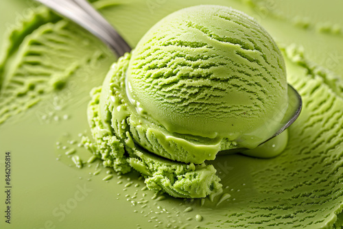 A scoop of green ice cream on a green background. Refreshing and delicious, perfect for summer