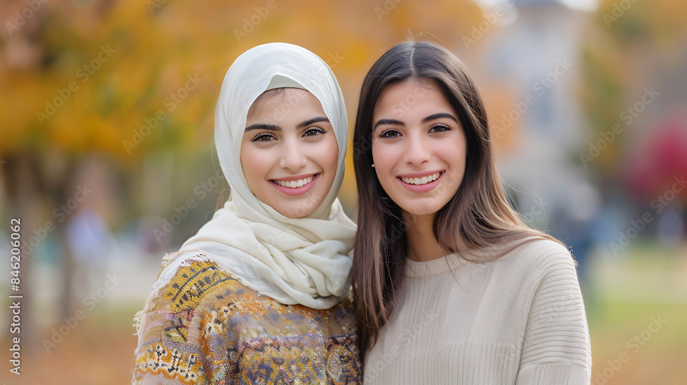 Two young women smiling and embracing in a park, one wearing a hijab and the other with long blonde hair, autumn leaves and cityscape in the background Two young women smiling and embracing in a park, one wearing a hijab and the other with long blonde hair, autumn leaves and cityscape in the background