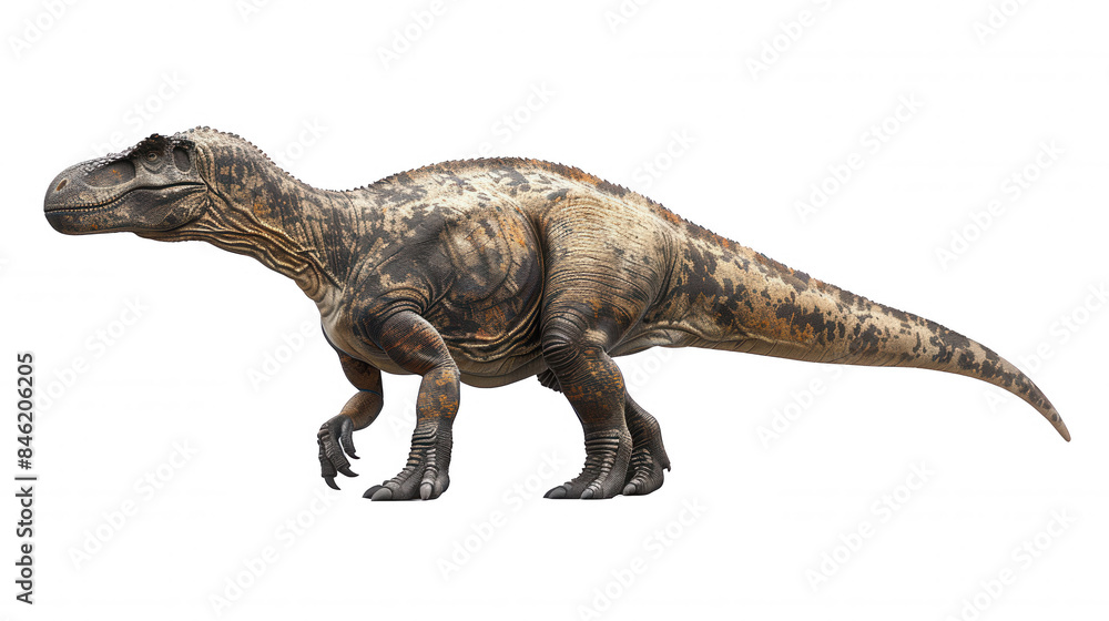 Digital Painting of a Majestic Brown and Gray Dinosaur with Spikes, Powerful Neck, Piercing Blue Eyes, and Sharp Teeth in a Rocky Landscape with Mountains Digital Painting of a Majestic Brown and Gray Dinosaur with Spikes, Powerful Neck, Piercing Blue Eyes, and Sharp Teeth in a Rocky Landscape with Mountains