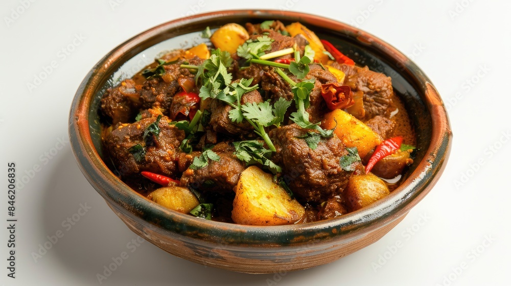 Asian inspired Beef bhuna dry curry with potatoes in a ceramic dish on a white backdrop Asian inspired Beef bhuna dry curry with potatoes in a ceramic dish on a white backdrop