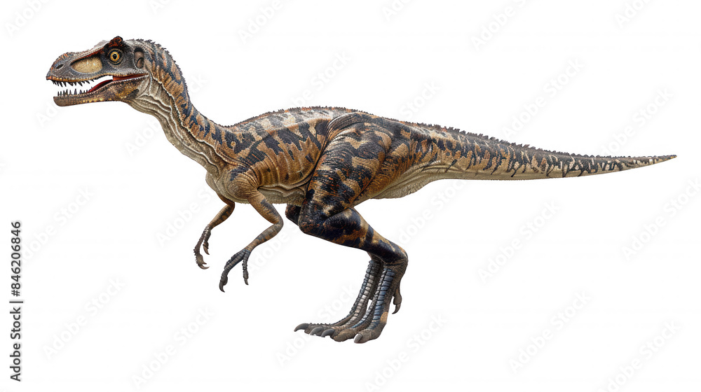 A Realistic Photo of a Menacing Velociraptor with Feathers, Sharp Teeth, and a Long Tail Standing on a Rocky Surface with Trees and Mountains in the Background A Realistic Photo of a Menacing Velociraptor with Feathers, Sharp Teeth, and a Long Tail Standing on a Rocky Surface with Trees and Mountains in the Background