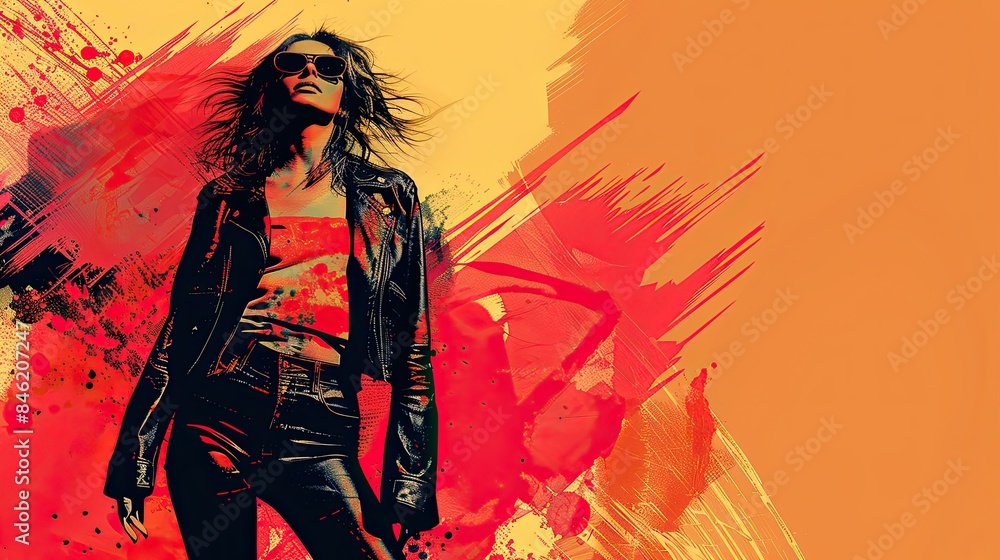 Edgy Fashion Model in Leather Jacket with Abstract Splash Art Background Edgy Fashion Model in Leather Jacket with Abstract Splash Art Background