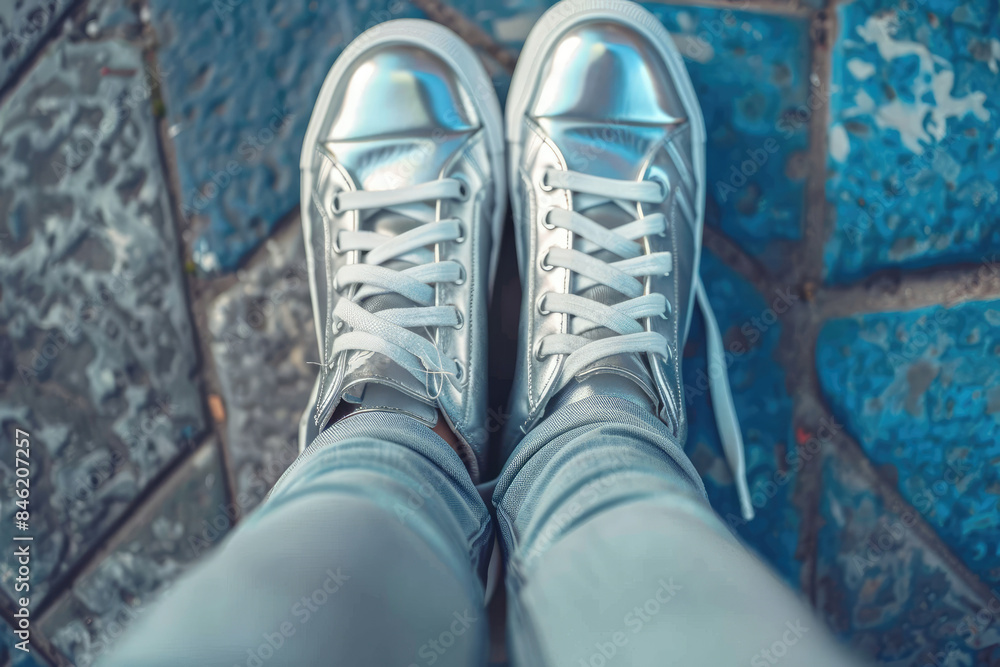 Women's feet in silver sneakers on the sidewalk. Women's feet in silver sneakers on the sidewalk.