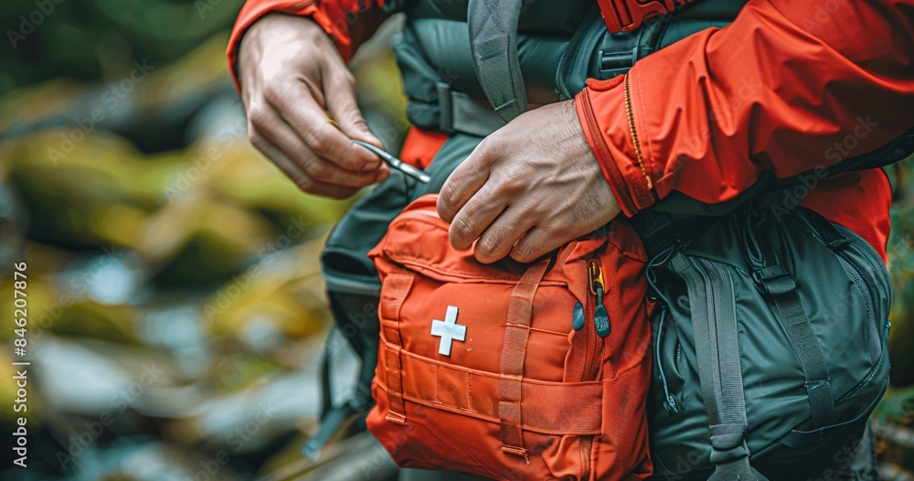 Fototapeta premium High-quality photo of a male hand taking a first aid kit out of a backpack pocket, featuring camping equipment and a compact mini first aid kit
